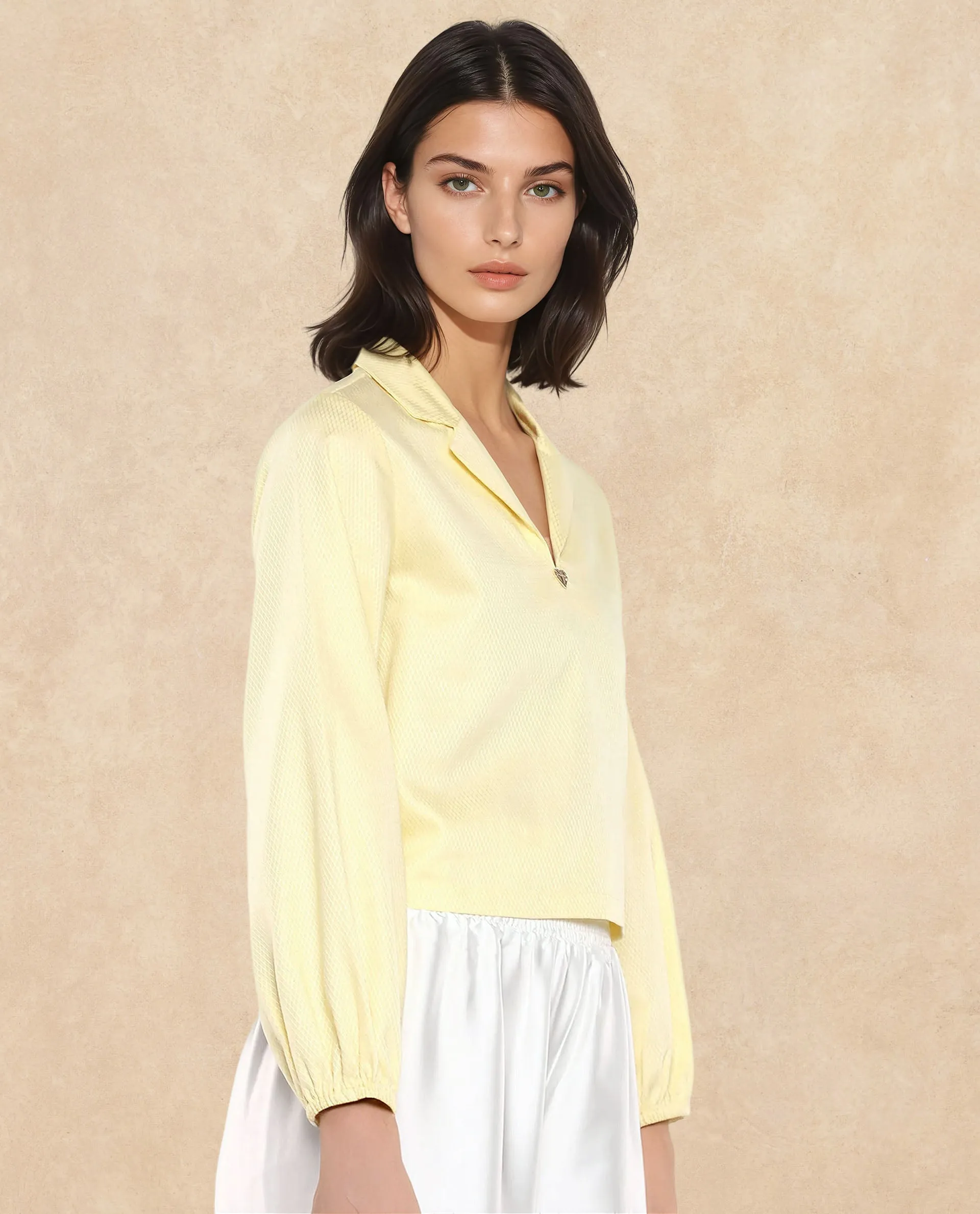 Rareism Women Istanbul Light Yellow Bishop Sleeve Lapel Collar Cropped Plain Top