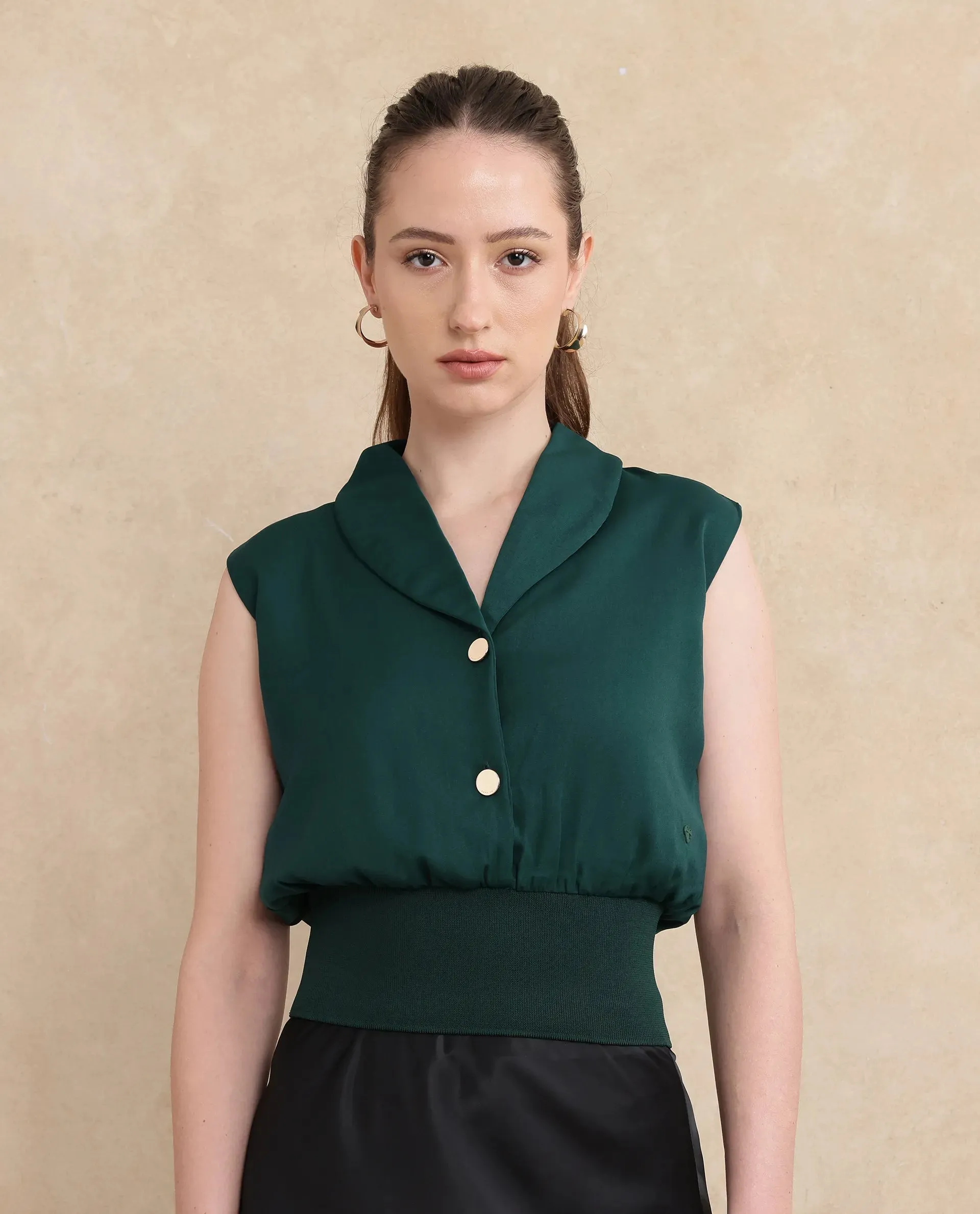 Rareism Women Srat Green Satin Sleeveless Shawl Neck Button Closure Regular Fit Plain Top