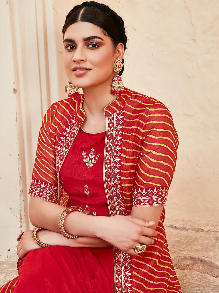 Red Gota Patti Embroidered Crop Top And Skirt With Bandhej Kota Silk Embroidered Shrug