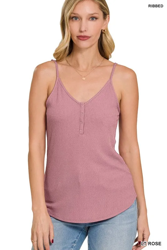 Ribbed Half Snap Button Closure Cami Top