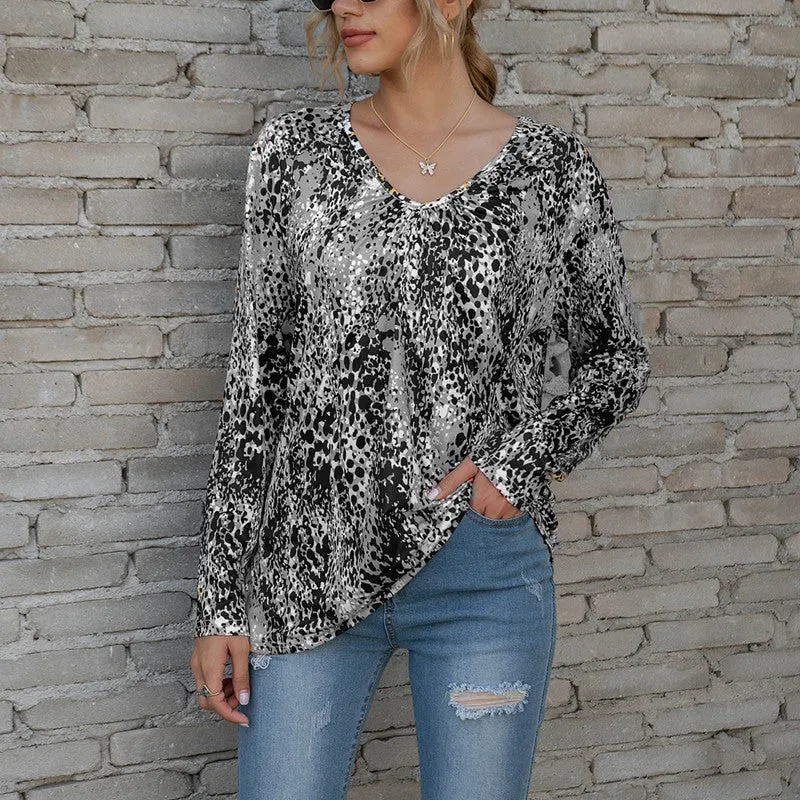 V-neck pleated Zou print long-sleeved plus size T-shirt top