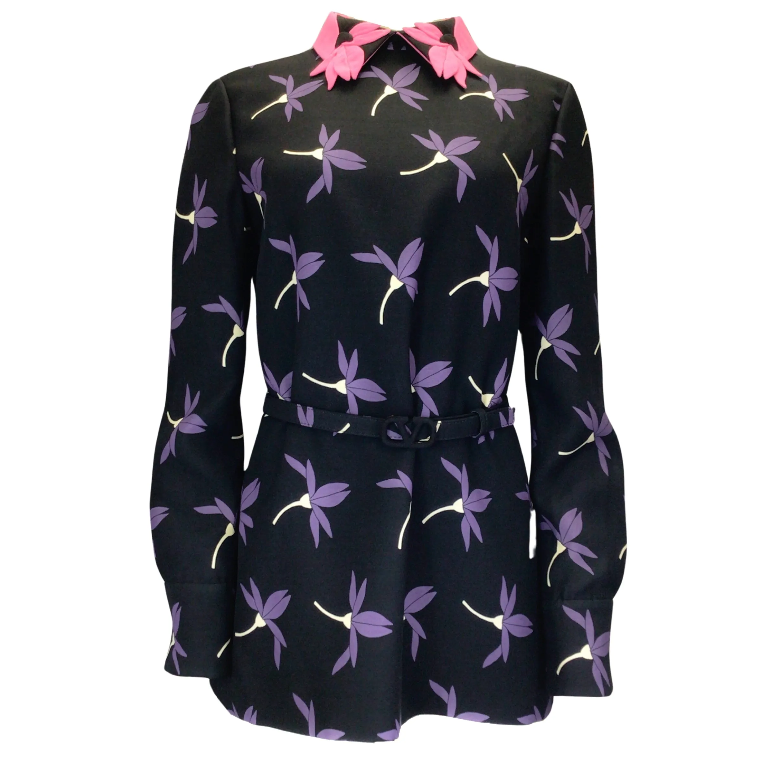 Valentino Black / Pink / Purple Multi 2021 Floral Printed Belted Wool Crepe Top