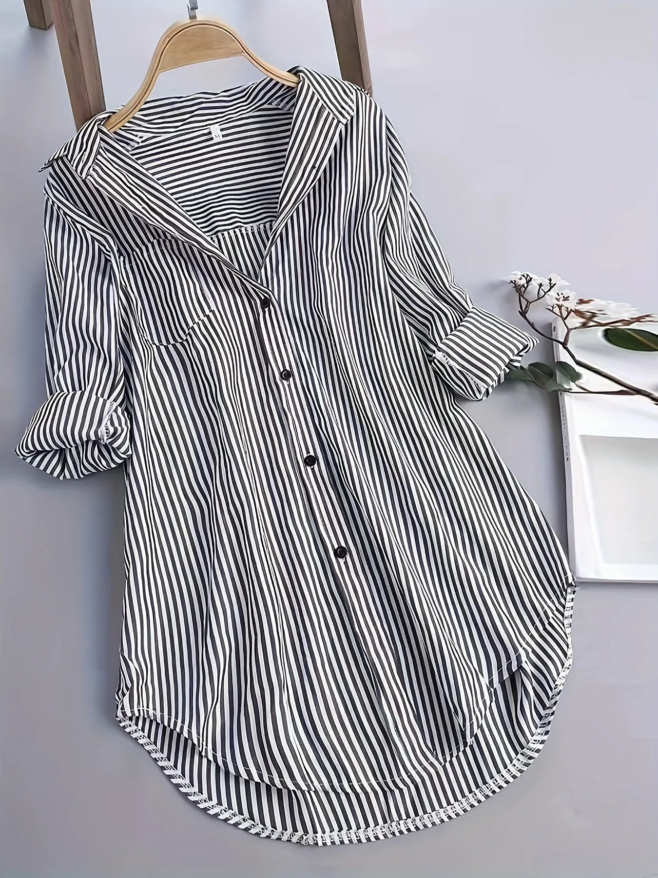 Womens Plus Size Nautical Stripe ButtonUp Blouse