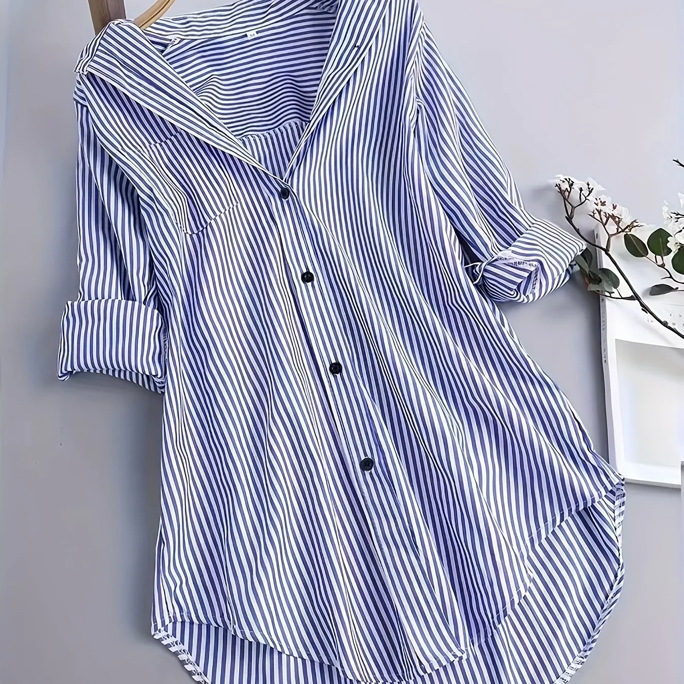 Womens Plus Size Nautical Stripe ButtonUp Blouse