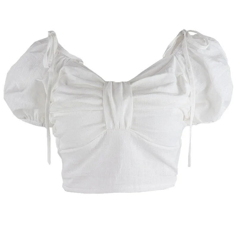 Women's short-sleeved blouse with square neck pleated bow knot wood ears