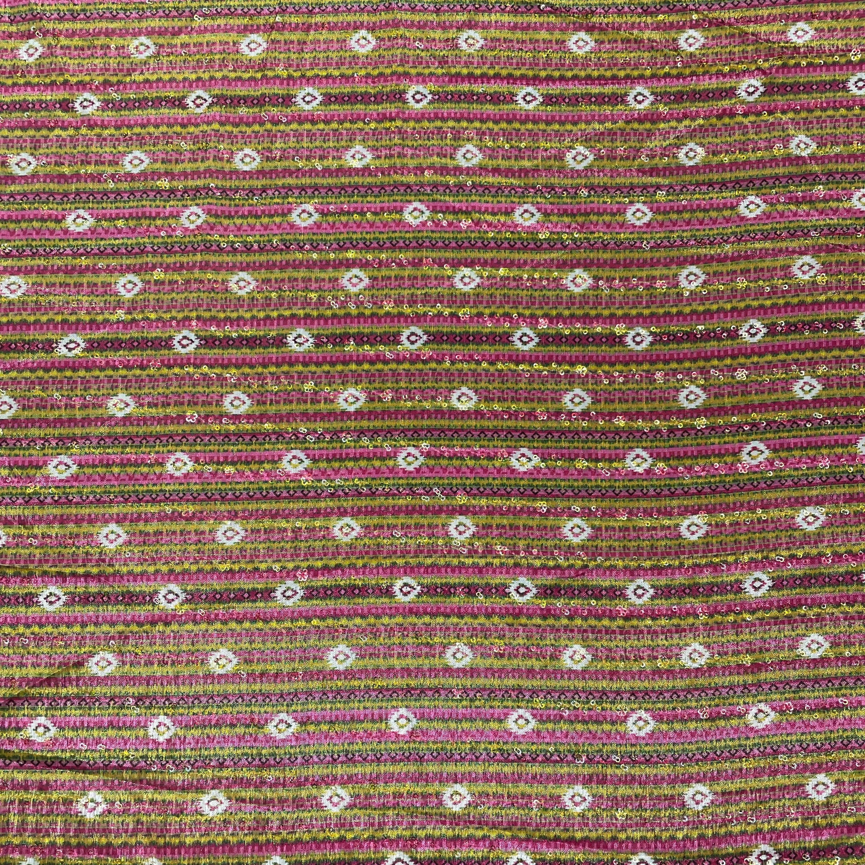 Yellow & Pink Stripe Print Chinon Fabric