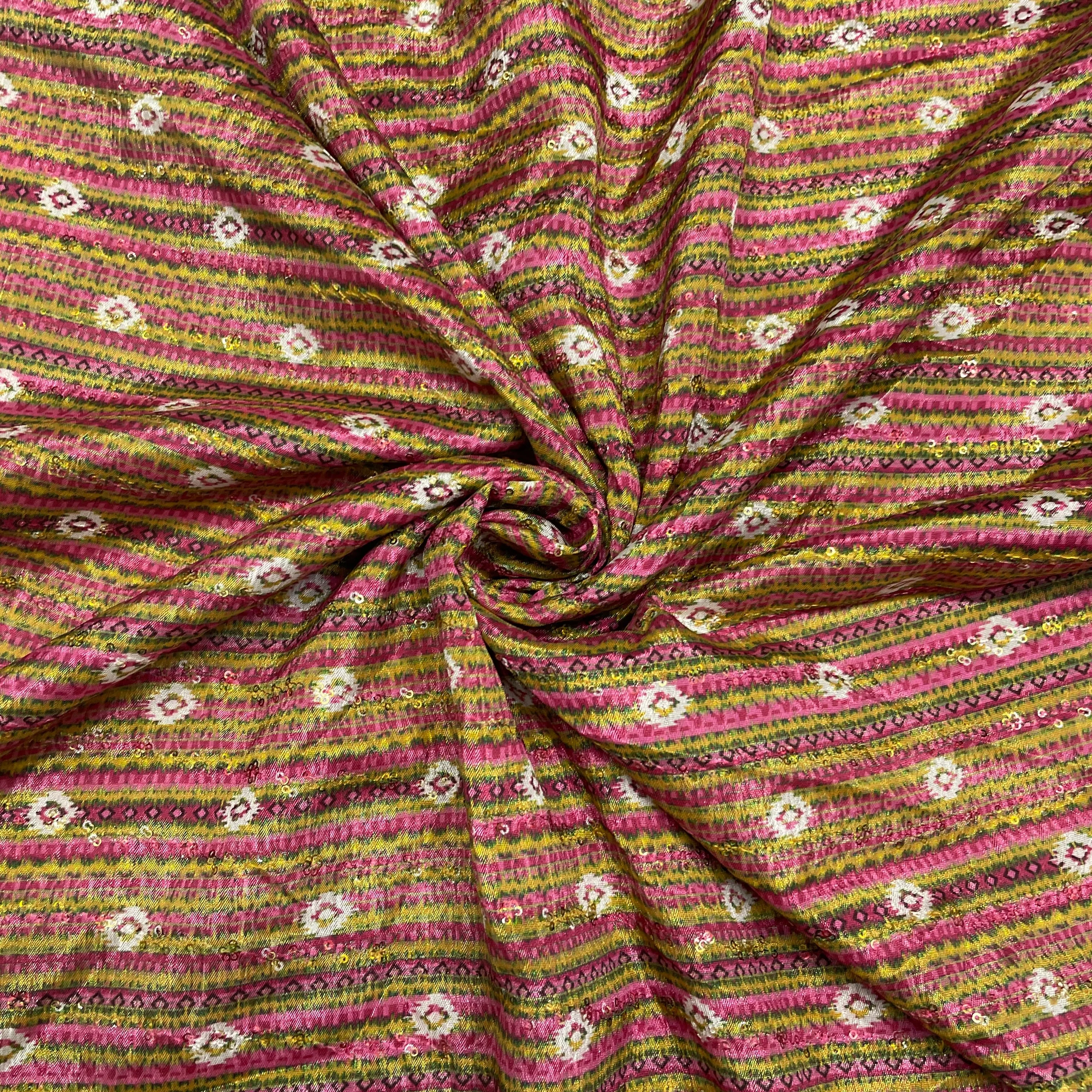 Yellow & Pink Stripe Print Chinon Fabric