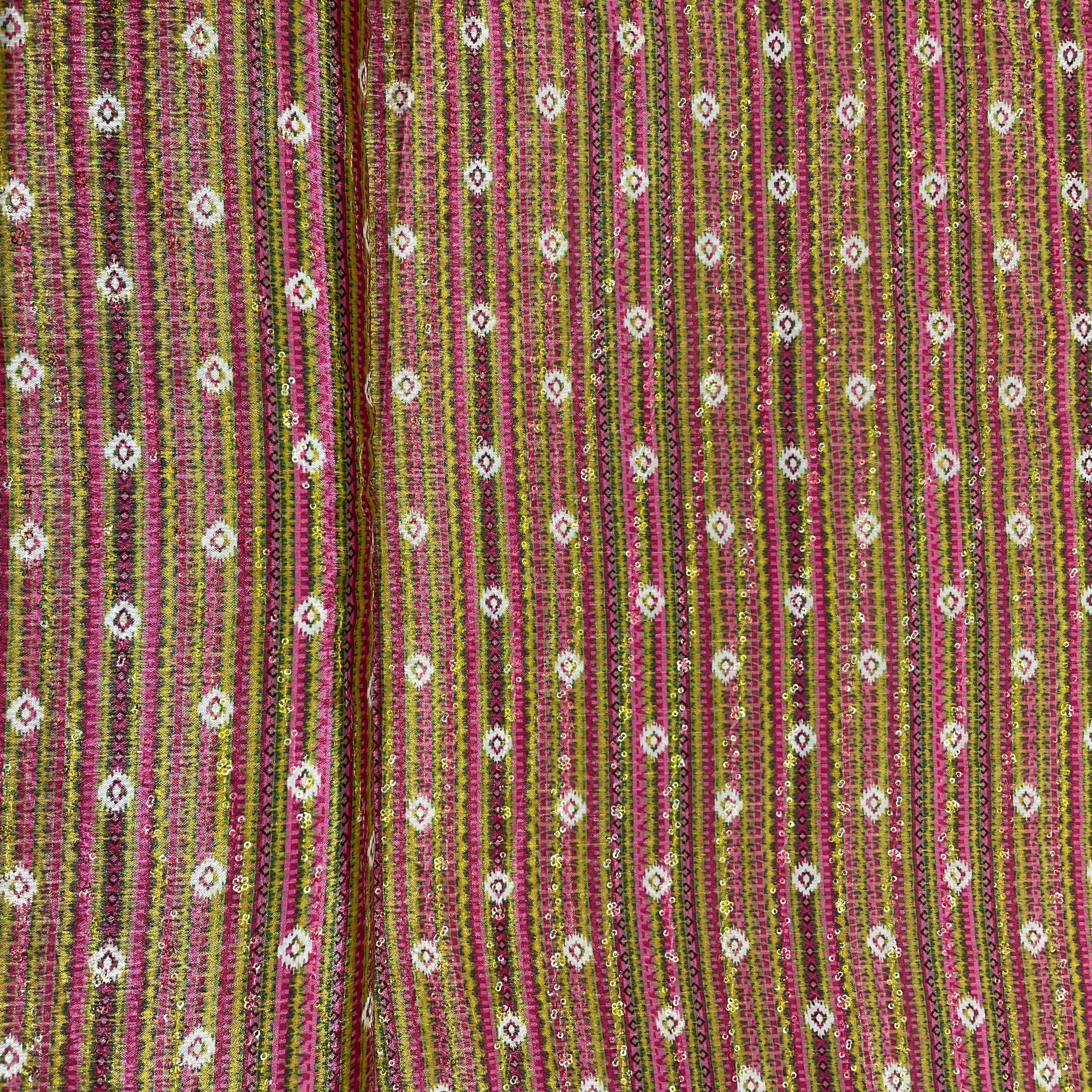 Yellow & Pink Stripe Print Chinon Fabric